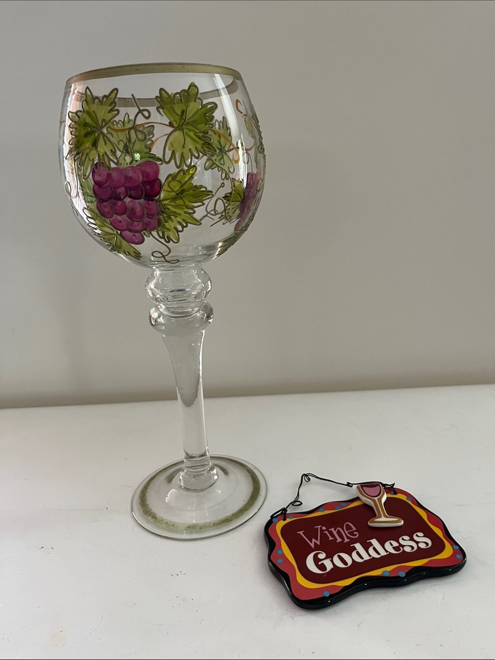 Giant Hand-Painted Wine Glass -32 oz and Wine Goddess ceramic plaque